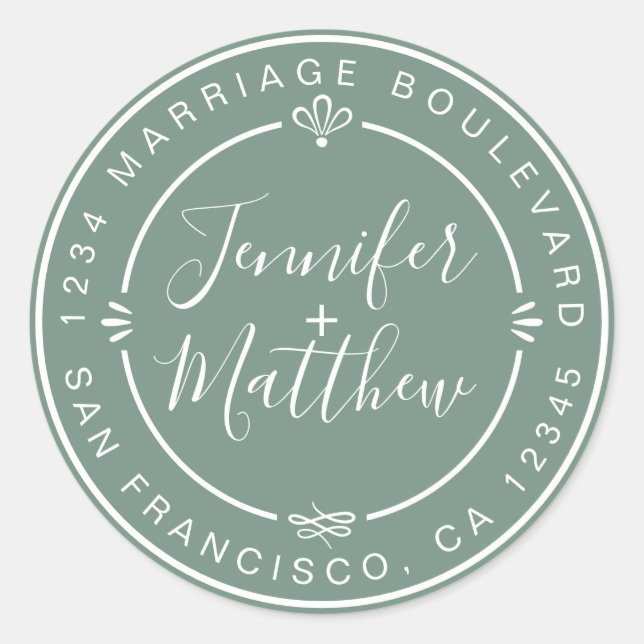 Sticker Rond Rustic Chic Mariage Retour Adresse Dusty Green (Devant)