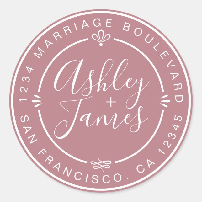 Sticker Rond Rustic Chic Mariage Retour Adresse Dusty Rose (Devant)