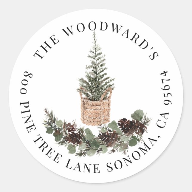 Sticker Rond Rustic Christmas Tree Pine Boughs Retour Adresse (Devant)