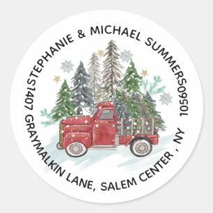 Sticker Rond Rustic Christmas Truck Trees Round Return Adresse