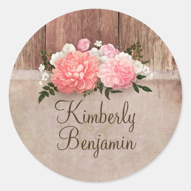 Sticker Rond Rustic Country Bois et Mariage Floral Burlap (Devant)