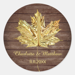Sticker Rond Rustic Country Gold Leaf Automne Mariage Automne