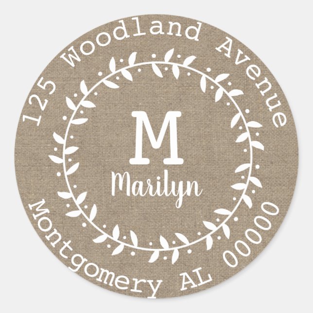 Sticker Rond Rustic Elegy Wreath & Faux Burlap Adresse (Devant)