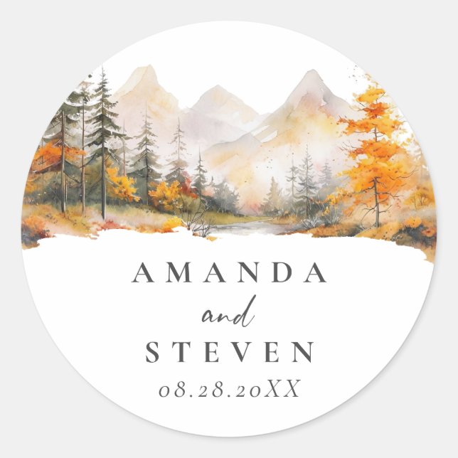 Sticker Rond Rustic Fall Mountain Pine Forest Wedding (Devant)