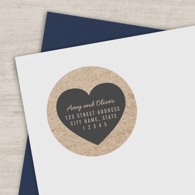 Sticker Rond Rustic Faux Kraft Grey Heart Couple Adresse de ret (Créateur téléchargé)