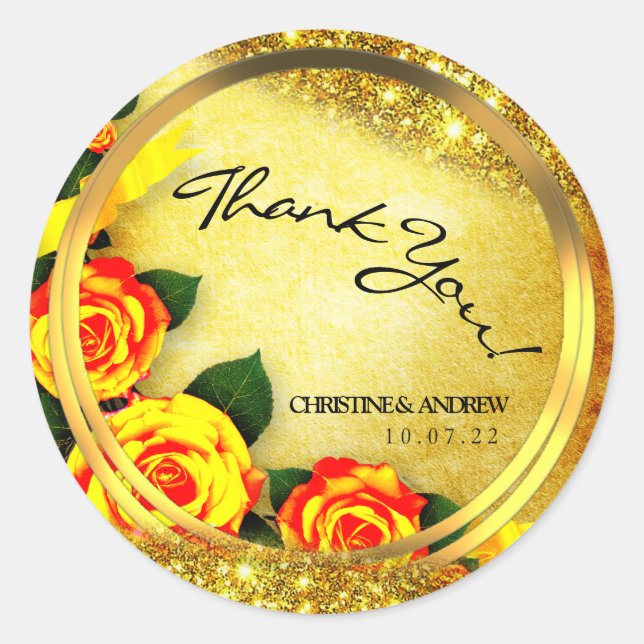 Sticker Rond Rustic Gold Glitter Roses Thank You Wedding  (Devant)