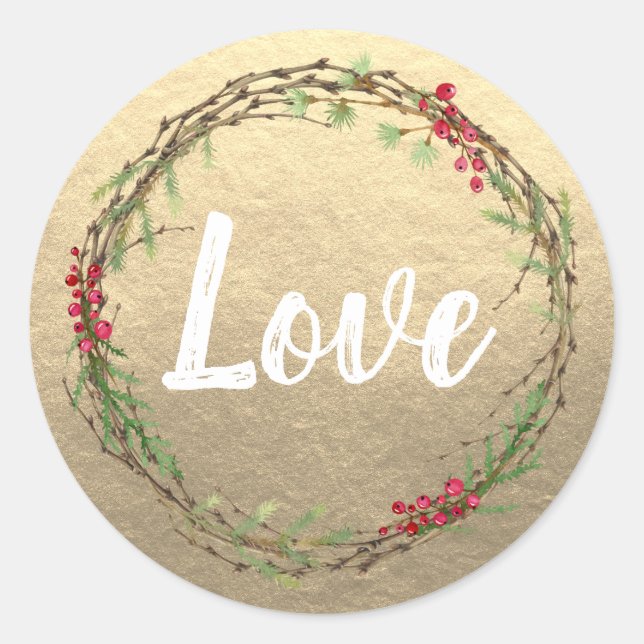 Sticker Rond Rustic Gold Love Christmas Wreath (Devant)