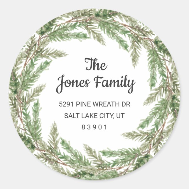 Sticker Rond Rustic Green Pine Wreath Holiday Adresse de retour (Devant)