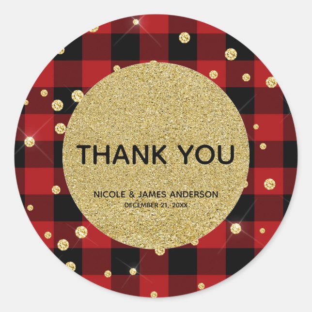 Sticker Rond Rustic Holiday Red Buffalo Plaid Gold Parties scin (Devant)