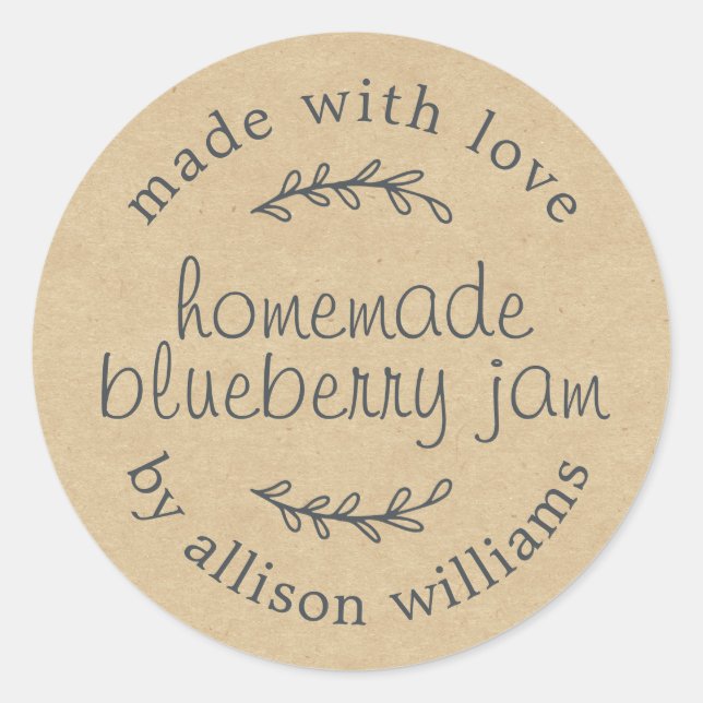 Sticker Rond Rustic Homemade Blueberry Jam Canning Kraft Paper (Devant)