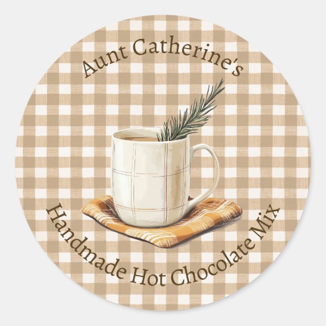 Sticker Rond Rustic Hot Chocolate Mix Christmas Brown Gingham  (Devant)