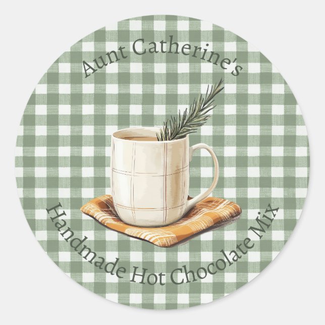 Sticker Rond Rustic Hot Chocolate Mix Christmas Green Gingham  (Devant)