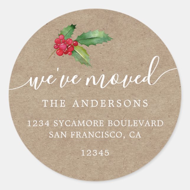 Sticker Rond Rustic Kraft Christmas Greenery New Address Home (Devant)