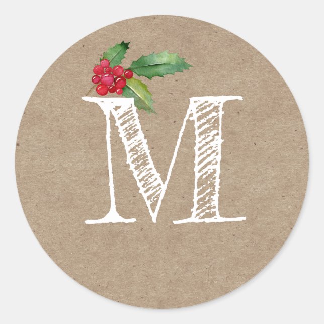 Sticker Rond Rustic Kraft Christmas Holly Monogram Initial (Devant)