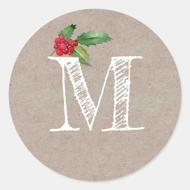 Sticker Rond Rustic Kraft Christmas Holly Monogram Initial (Devant)