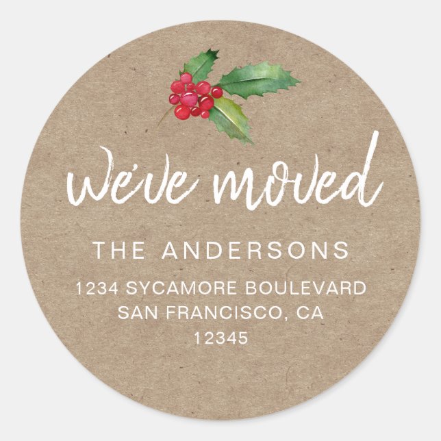 Sticker Rond Rustic Kraft Holly We’ve Moved Holiday (Devant)