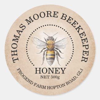 Sticker Rond Rustic Kraft Honey Label with Bee | Vintage Honey 