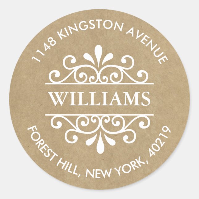 Sticker Rond Rustic Kraft Ornate Swirls Adresse de retour perso (Devant)
