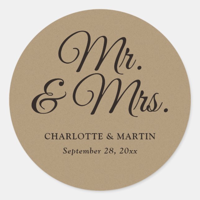 Sticker Rond Rustic Kraft Paper M. et Mme la Mariage (Devant)