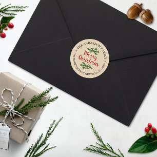 Sticker Rond Rustic Kraft Pine Branches Holiday Return Address