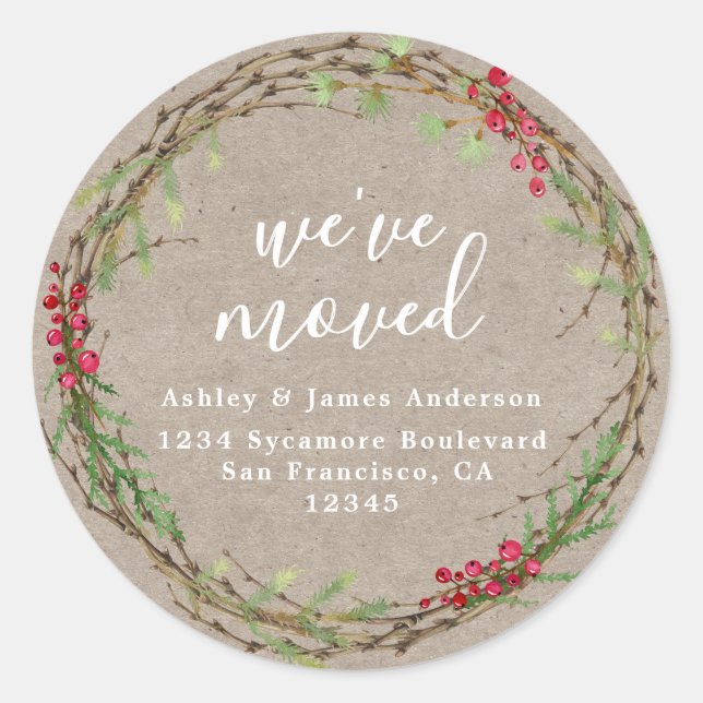Sticker Rond Rustic Kraft Wreath We’ve Moved Address (Devant)