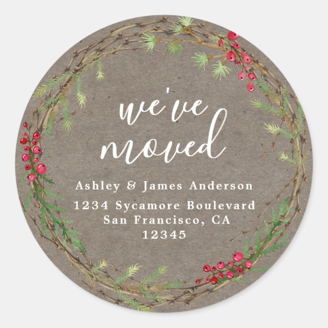 Sticker Rond Rustic Kraft Wreath We’ve Moved Address (Devant)