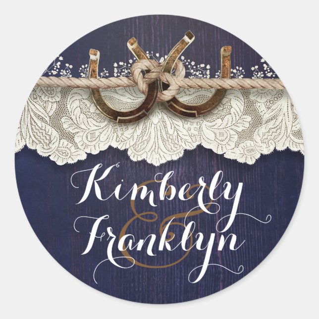 Sticker Rond Rustic Lace Horseshoes Pays Mariage de la marine (Devant)