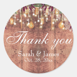 Sticker Rond Rustic Lace Wood Lights Mariage merci