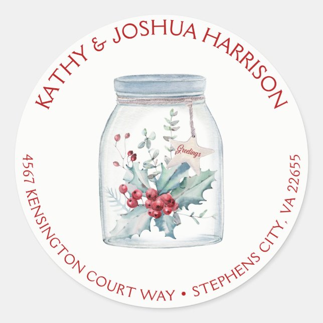 Sticker Rond Rustic Mason Jar Holly Feuilles Berries Adresse | (Devant)