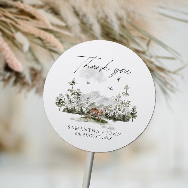 Sticker Rond Rustic Mountain Forest Boho Mariage À feuillage pe (Créateur téléchargé)