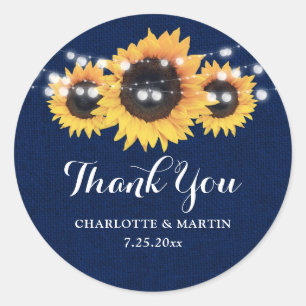 Sticker Rond Rustic Navy Blue Burlap Sunflower Mariage Faveur