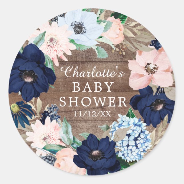 Sticker Rond Rustic Navy & Blush Floral Baby shower Favoriser (Devant)