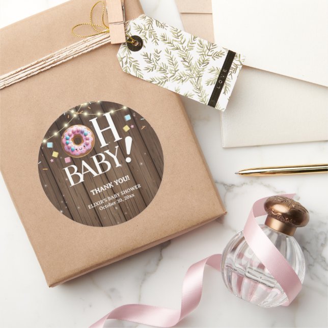 Sticker Rond Rustic Oh Baby Donut & Sprinkle Baby shower Kawaii (Cadeaux)
