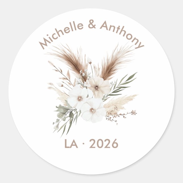 Sticker Rond Rustic Pampas Grass Boho Bohemian Wedding (Devant)