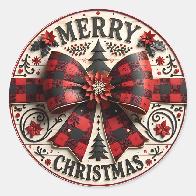 Sticker Rond Rustic Red and Black Plaid Bow Christmas Holiday  (Devant)