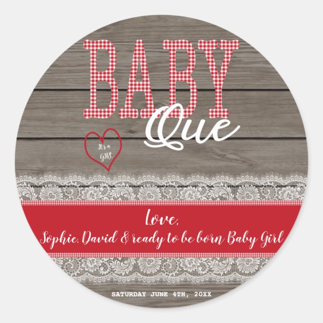 Sticker Rond Rustic Red En vichy Wood Girl Baby shower BBQ (Devant)