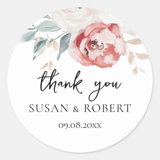 Sticker Rond Rustic Roses Minimalist Wedding Thank You (Devant)
