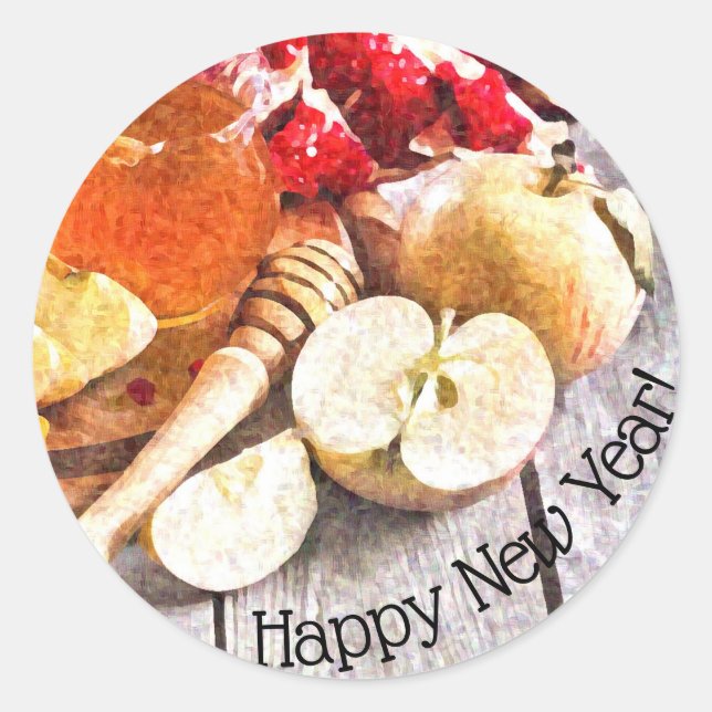 Sticker Rond Rustic Rosh Hashanah Joyeux Nouvel An Pommes Miel (Devant)