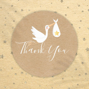 Sticker Rond Rustic Stork Gold Star Baby shower Merci