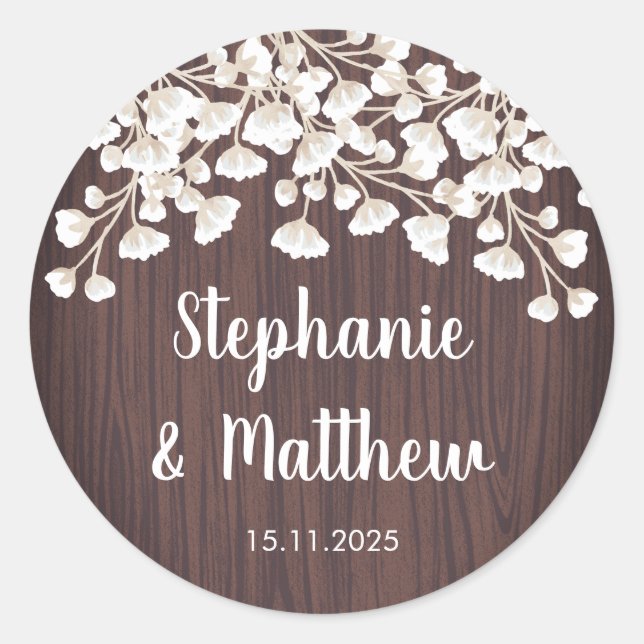 Sticker Rond Rustic Wood Babys Respire Gypsophila Mariage (Devant)