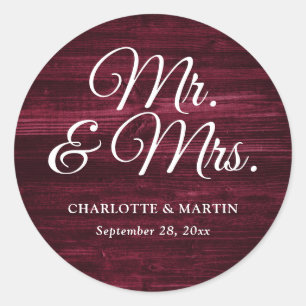 Sticker Rond Rustic Wood Burgundy Red M. et Mme Mariage