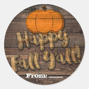 Sticker Rond Rustic Wood Citrouille Happy Fall Y'all Automne Fa