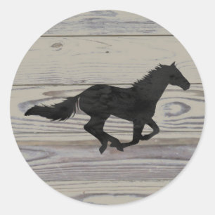 Sticker Rond Rustic Wood Galloping Horse Watercolor Silhouette
