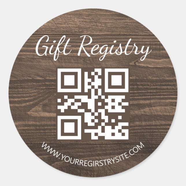 Sticker Rond rustic wood gift registry qr code baby shower (Devant)