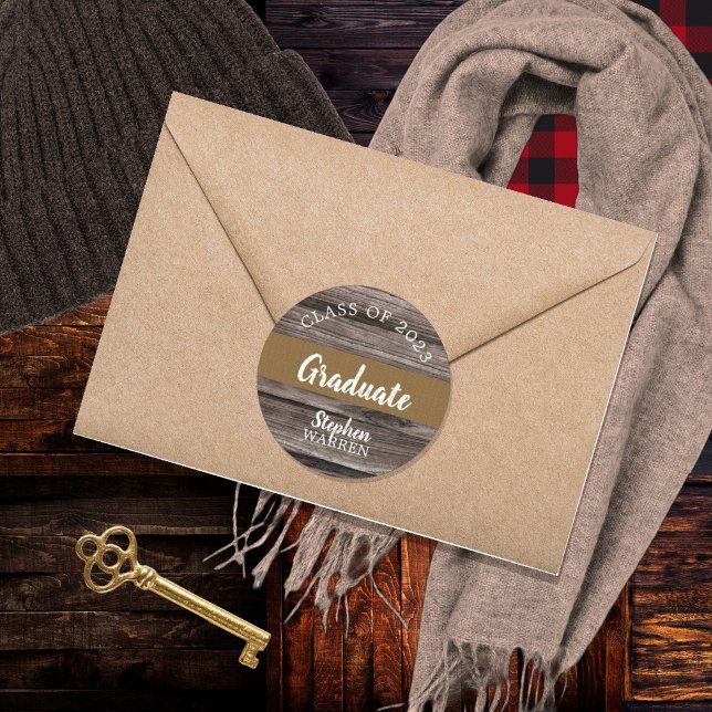 Sticker Rond Rustic Wood Look Graduate Class de 2023 | Nom (Créateur téléchargé)