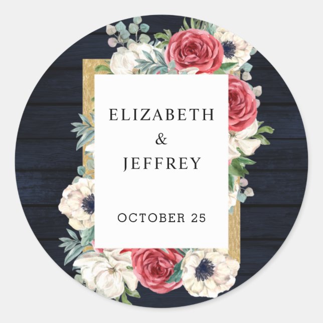 Sticker Rond Rustic Wood Navy Burgundy Gold Floral Mariage (Devant)