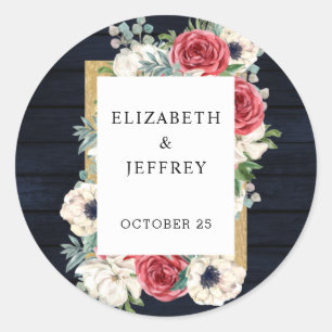 Sticker Rond Rustic Wood Navy Burgundy Gold Floral Mariage