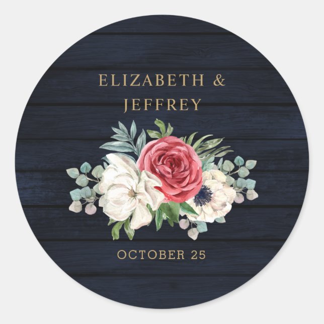 Sticker Rond Rustic Wood Navy Burgundy Gold Floral Mariage (Devant)