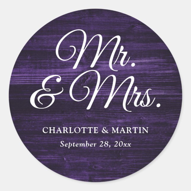Sticker Rond Rustic Wood Purple M. et Mme la Mariage (Devant)