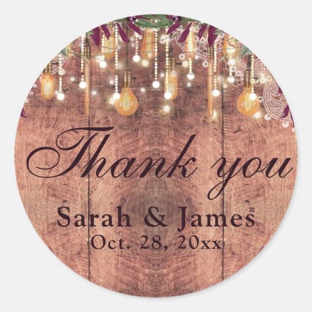 Sticker Rond Rustic Wood & String Lights Mariage merci (Devant)